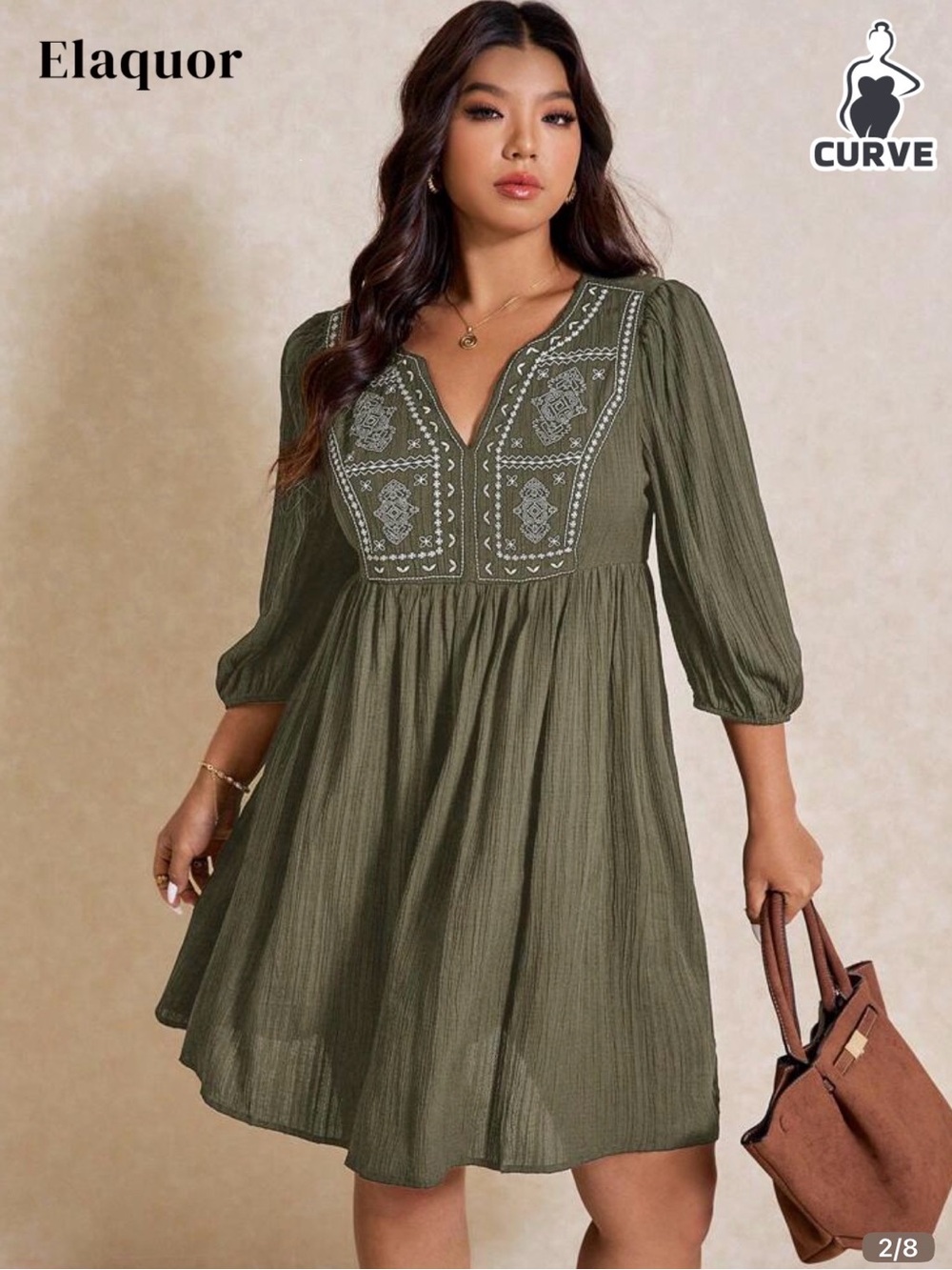 SHEIN Olive Green Embroidered V-Neck Smock Dress